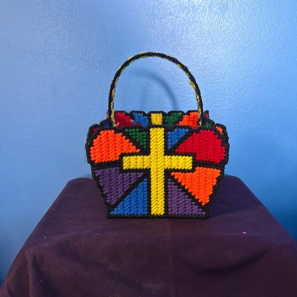Stained Glass Church Cross Basket Handmade Window Art Religious Gift